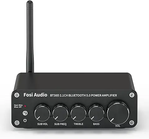 Fosi Audio BT30D Bluetooth 5.0 Amplificador Receptor de Audio Estéreo 2.1 Canal Mini Hi-Fi Clase D Amperio Integrado, 50 Watt X2+100 Watt para el Hogar Altavoces Pasivos de Exterior/Subwoofer  