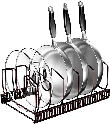 Fousenuk Organizador de Sartenes, Soporte Sartenes de Cocina, Separador de Sartenes Ajustable con 7 Compartimentos, Estante para Almacenar Ollas y Tapas, Sujeta Tapas Cocina de Metal (Bronce)  