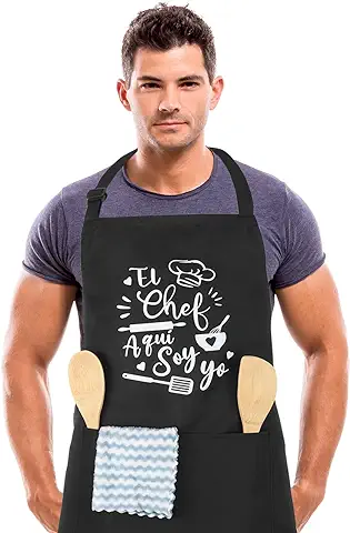 FRIUSATE Delantales de Cocina Hombre Mujer Ajustable Delantales de Cocina con Bolsillo Impermeables Aprons Negro Delantal para Papá, Esposo, Abuelo, Novio  