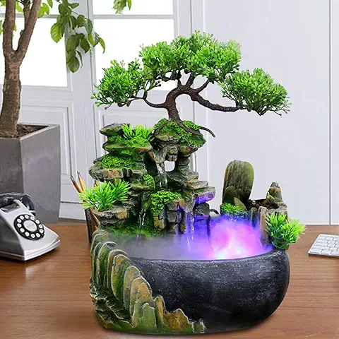 Fuente de Interior con Plantas Cascada, Fuente de Mesa, Fuente de agua de Poliresina, Decoración de Salón (con Atomizador e Iluminación)  