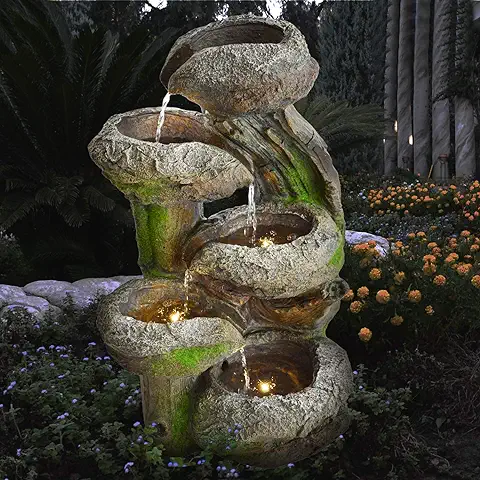 Fuente DE JARDÍN Y Fuente DE Agua BAUMSTUMPF & STEINSCHALEN con luz LED Fuente para Terraza, Balcon, Interiores  