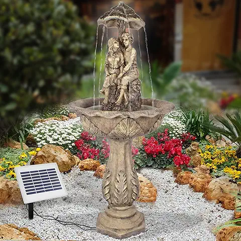 Fuente Decorativa - Fuente Solar Exterior - Fuente DE Agua Solar - Fuente Solar EN Cascada - Fuente Solar para Jardin - Fuente Romantica Los Enamorados con Batería Li-Ion & luz LED  