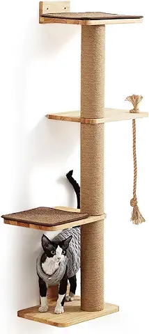 FUKUMARU Árbol para Gatos de 127 cm, Montado en la Pared, con cama para Gatos, Poste Rascador y Colchoneta de Yute, árbol Rascador para Gatos Hecho de Madera de Caucho Sólida Natural, Grande  