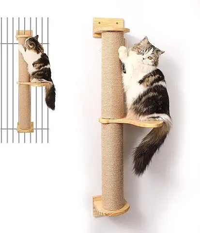 FUKUMARU Árbol para Gatos de 93 cm, Montado en la Pared, Poste Rascador y Colchoneta de Yute, árbol Rascador para Gatos Hecho de Madera de Caucho Sólida Natural  