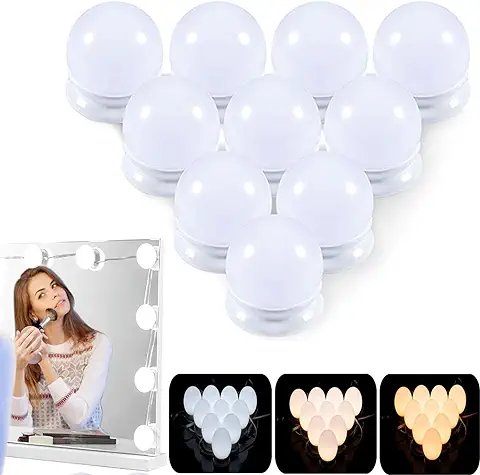 FUNINGEEK Luces LED para Espejo de Tocador de Maquillaje, Estilo Hollywood con 10 Bombillas Regulables 3 Modos de Color, con Carga USB, para Baño (Sin Espejo)  