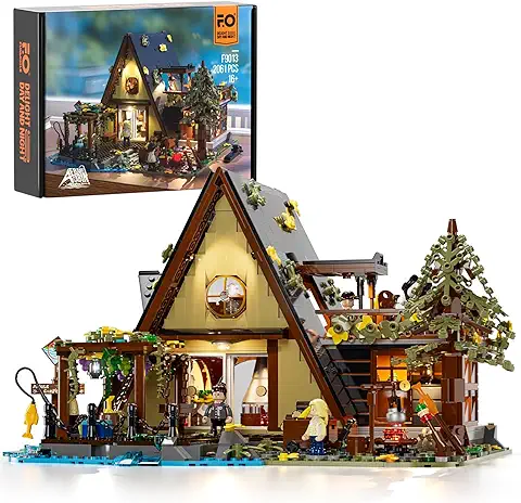 FUNWHOLE A-Frame Cabin Lighting Building Bricks Set - 2061 PCS Adult Construction Building Model Set for Adults and Teen  