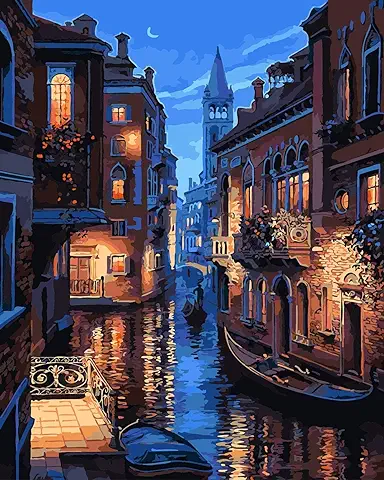 Fuumuui Pintura por Números Adultos y Niños Principiantes Incluye Pinceles y Pinturas Acrílicas 40 x 50 cm - Paisaje, Noche de Venecia  