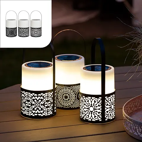 Gadgy Farolillos Para Velas | Juego De 3 Faroles Jardin Exterior | Vela Blanca Con Mango Negro | Farolillo Decorativo Solar | Linterna LED  