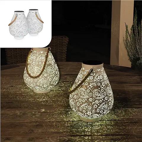 Gadgy Farolillos Solares Exterior Blanco Mate | Juego De 2 | Linterna Solar LED | Espléndida Decoración Para Jardin, Balcon O Terraza | Metal Y Cuerda | Impermeable Ip65  