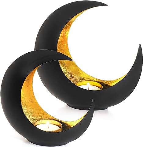 Gadgy Portavelas De Cera De Luna | Set De 2 Candelabros | Exterior Negro E Interior Dorado | Porta Velas De Metal Duradero | Decoración Oriental | 15 Cm Y 21 Cm  