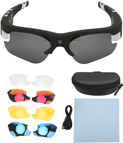 Gafas de Cámara, Full HD 1080P, Batería de 550 MAh, Mini Cámara de Vídeo, Gafas de Sol con 4 Pares de Lentes, Cámara de Acción Deportiva Inteligente para Senderismo, Ciclismo, Equitación  