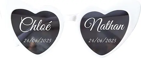 Gafas de sol de Corazón Personalizadas - Pegatinas con su Nombre de Texto, Fecha, etc. Perfectas para Bodas, Despedidas de Soltera, Fiestas, Regalos, Fotomatón, Gadgets  