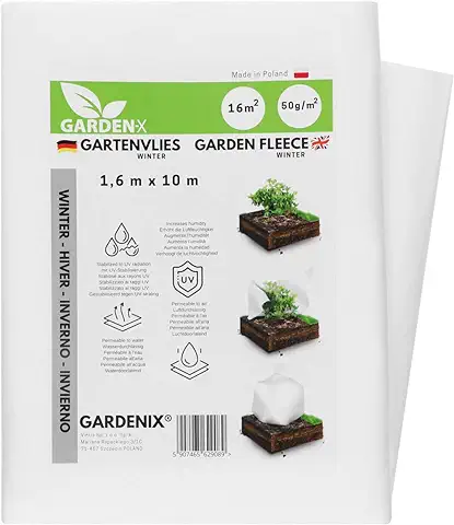 GARDENIX® 16 m² Vellón de Protección Contra Congelación para Invierno, Alta Estabilización UV, Permeable al Agua, Cubierta de Invierno para Plantas (1,6m x 10m)  