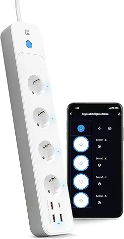 Garza Smart - Regleta Wifi Inteligente con Interruptor, 4 Tomas, 2 USBs tipo A, USB C y USB 3.0 Carga Rápida PD20W/QC3.0, WiFi 2.4GHz, Programable, Medidor Consumo, Control por app y voz, Alexa/Google  