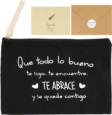 GEBETTER Kit Regalo Mujer 1*Bolso Neceser + 1*Tarjeta + 1*sobre Kraft, Frase Motivadora Cartera Mano Estuche Maquillaje Cosmético Viaje Multiuso Navidad Cumpleaños Lona 23x16 cm (Negro)  