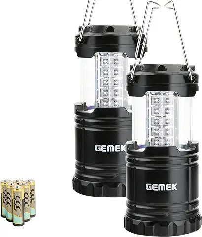 GEMEK Paquete de 2 Linternas LED para Acampar, kit de Supervivencia para Huracanes, Emergencias, Tormentas, Apagones, Linterna Portátil para Exteriores, 6 Pilas AA Incluidas (negro, Plegable)  