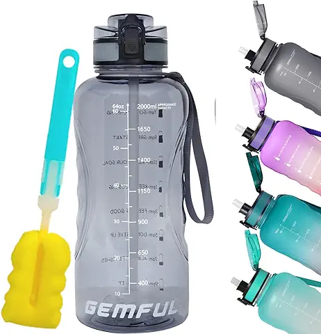 GEMFUL Botella de Agua Motivacional 2000 ml con Marcador de Tiempo y Paja Prueba de Fugas para Fitness Gimnasio y Deportes al Aire Libre (Gris/claro)