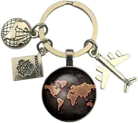 Genérico Llavero bola del Mundo para Hombres y Mujeres - Llaveros de Avión con Pasaporte, Avión y mapa del Mundo - Llavero para Viajeros con Colgante - Llavero de la Tierra 3 cm - Regalo Unisex  