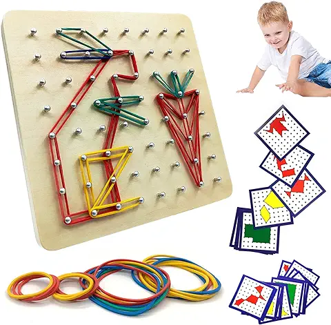 Geoboard de Madera Montessori Juguetes con Tarjetas y Bandas Goma, 8x8 Pasadores Tablero Puzzle Infantiles Matematicas Forma Geometría Rompecabezas Juegos Educativos Niños  