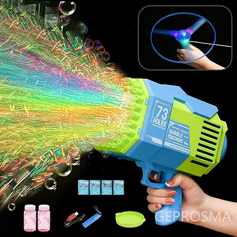 GEPROSMA Pistola de Burbujas para Niños a Partir de 3 Años, Bazooka ,con 73 Agujeros y LED, Recargable Juguete Automático Eléctrico Aparatos para Hacer Pompas de Jabón, Jardin Exterior, Bodas  