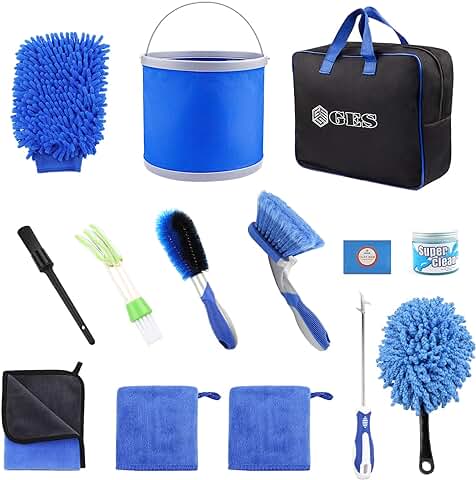 GES 14PCS Kit Limpieza Coche Profesional Interior y Exterior, Cubo Plegable Plegable, Detailing Brush, Coche Cepillo, Limpiar Coche, Cepillo Llantas, Kit de Limpieza de Coche (Azul)  