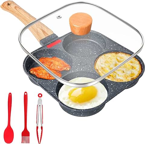 Gimars Sartén Tortitas con Tapa de 4 Agujeros Sartén Huevo Frito Antiadherente de Aluminio para Gas y Inducción Sartén para Desayuno Mini Tortilla Hambuguesa Panqueque con Espátula,Pincel y Clip  