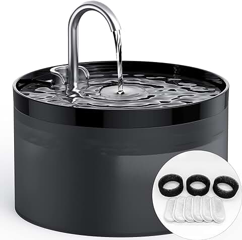 GIOTOHUN Fuente para Gatos, Bebedero con Forma de Grifo, 2L, Bomba de Agua Súper Silenciosa, Filtrado Múltiple, Dos Patrones de Flujo, Contiene 6 Filtros + 3 Esponjas, Negro  