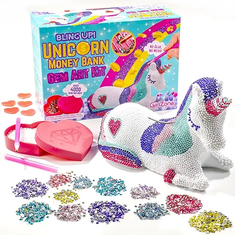 GirlZone Kit Brilla Hucha de Unicornio Kit de Arte de Gemas Diamante Crea Arte de Diamantes para Niños con más de 4000 Gemas y 2 Lápices Aplicadores Idea Creativa para Regalo Niñas  