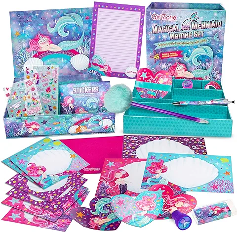 GirlZone Regalos para Niñas, Chicas, Papelería Bonita de 45 Piezas de Papel Carta de Sirena y Sobres en una Caja para Almacenar todo tu Writing Set  