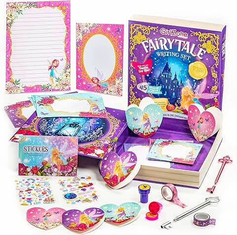 GirlZone Regalos para Niñas Papelería Bonita Cuento de Hadas 45 Piezas Set de Escritura con Papel Carta, Pegatinas y Manualidades de Sellos en Mágica Caja de Cuentos  