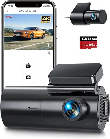 GKU Dashcam Cámara Coche 4K/2.5K,Doble WiFi Dash CAM Coche con Tarjeta SD de 64GB,Camara Coche Grabadora,170° Gran Angular,Visión Nocturn,WDR,Sensor G,Monitor de Aparcamiento 24H,Grabación en Bucle  