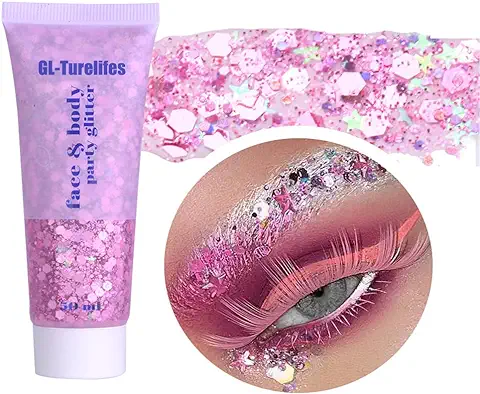 GL-Turelifes Chunky Glitter Gel Glitter Body Gel Festival Glitter Cosmético Cara Cabello Uñas Maquillaje Sirena Lentejuelas Sombra de ojos Líquida Larga Duración Espumoso 50ml (#03 Rosa)  