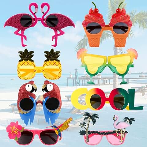 GLAITC Gafas de Sol de Fiesta de Novedad,8 Pares Hawaianas Fiesta Gafas Tropical Gafas de Sol Divertidas Piña Flamenco Loro Gafas para Tropical Playa Luau Fiesta Piscina Niños y Adultos Accesorios  