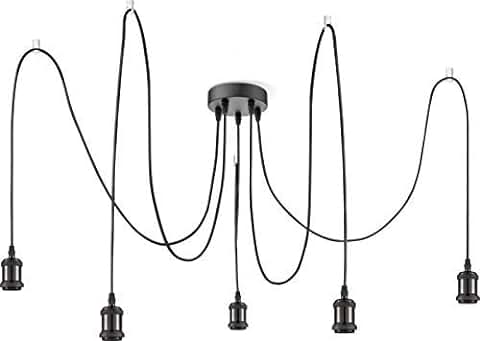 Globo Lámpara de Techo con Cables Textiles, Diseño Industrial Vintage de Acero, Lámpara de Cocina, Lámpara de Comedor (lámpara de Cocina 5 Luces, Lámpara Colgante Retro, Altura 100 cm, Negro)  