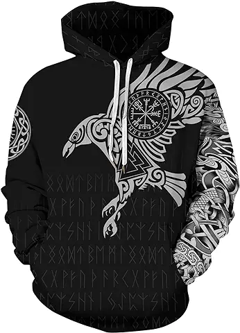 GLUDEAR Sudadera con capucha para hombre, diseño de tatuaje nórdico de mitología 3D