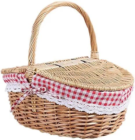 Gokelomg Cesta de Picnic de Mimbre Estilo casa tapa y y Forro para Picnics, Fiestas y Barbacoas  