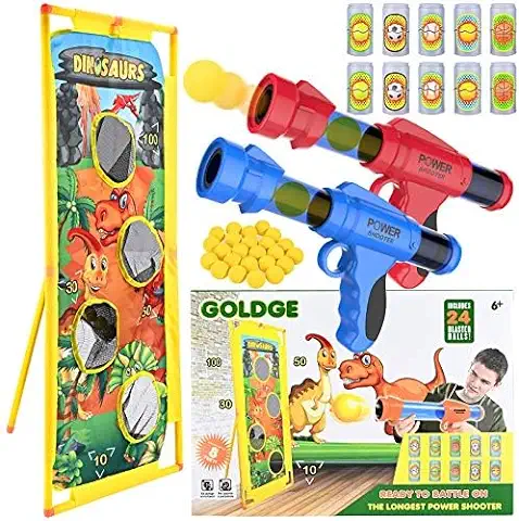 GOLDGE 2pz Pistolas de Juguete para Niños, con 24 Bolas de Espuma y 10pz Lata de Tiro, Juego de Tiro al Aire Libre y Blanco de Tiro de Pie Blaster para Regalos de Cumpleaños  