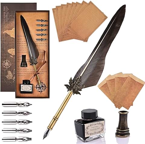 GOLDGE Conjunto de Pluma de Plumaje de Tinta con Tallado Vintagepara Caligrafía Escritura con Tinta, 5 Puntas, Soporte Bolígrafos, 12 Papelería Sobre  