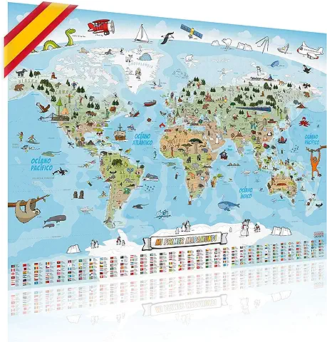 GOODS+GADGETS Mapa Mundial Panorámico para Niños XXL - 140x100cm Mapa Mundial para Niños Completamente Dibujado a Mano y Coloreado (Español)  