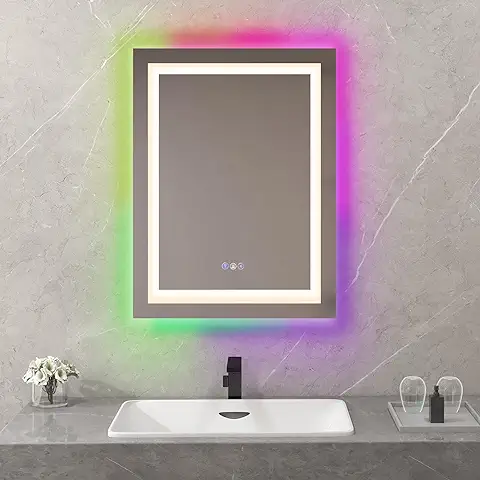 GOPLUS Espejo de Baño LED 80 x 60 cm, Multicolor, Espejo de Baño con Iluminación, 8 Colores Claros, Espejo de Pared Regulable con Función de Memoria y Antivaho  