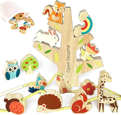 Goujfol Juguetes De Madera, Montessori Juegos de Apilamiento Infantiles, Bebé Enhebrar Cuentas Madera Equilibrio Animales Bloques, Regalo para Niña Niño 2+ Años  