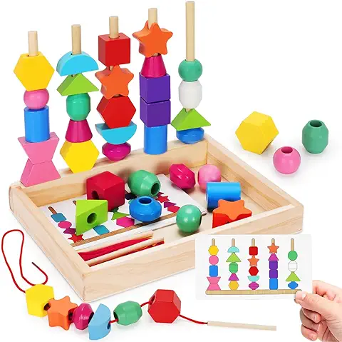 Goujfol Juguetes Niños Madera, 2 en 1 Montessori Juegos Apilables Apilar y Enhebrar de Madera, Educativos GeoméTricas Colores Clasificar Bloques, Regalo para Bebés Niños 2 3 4 5 Años (Typ-3)  