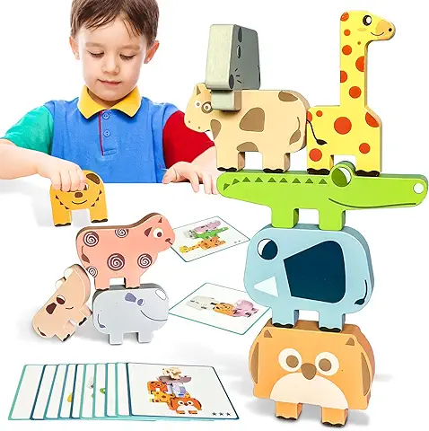 Goujfol Juguetes Niños Madera, Montessori Apilar y Equilibrar Animales Juegos, Educativos Equilibrio Apilamiento Bloques Construccion Bebe Regalo para Niño Niña 2 3 4 Años  