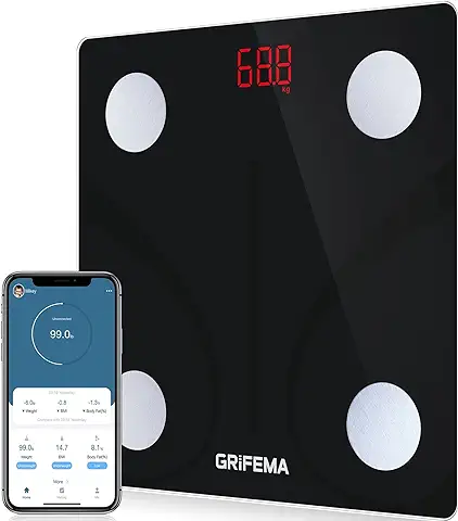 GRIFEMA, GA2001 Bascula de Baño Digital Grasa Corporal, Bluetooth Inteligente con Aplicación MovingLife, 13 Funciones de Monitoreo Corporal, Máximo 150kg, Negro  