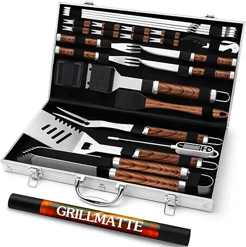 Grilliance Kit de Accesorios para Barbacoa de Acero Inoxidable de 26 Piezas, Juego de Herramientas para Parrilla Resistente con Estuche de Aluminio, Utensilios para Barbacoa para Hombres, Marrón  