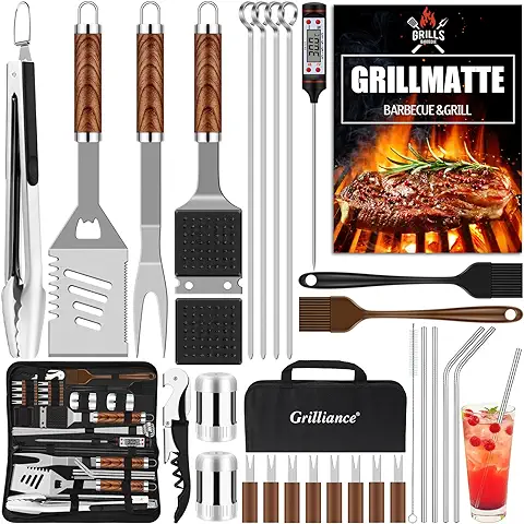 Grilliance Utensilios para Barbacoa de 30 Piezas, Kit de Accesorios para Parrilla de Acero Inoxidable para Hombres, Juego de Herramientas Profesionales para Parrilla con Bolsa de Transporte, Marrón  