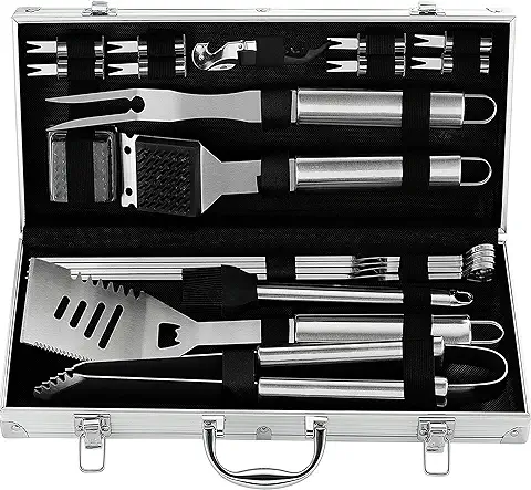 Grilljoy 20pc Herramientas de Barbecue, Accesorios Barbecue de Acero Inoxidable en Caja de Almacenamiento de Aluminio, Utensilios Completos para Barbacoa  