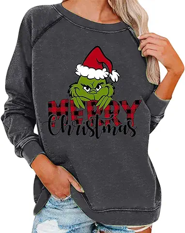 Grinch Disfraz Mujer Navidad Grinches Sudadera, Creativo Suéter de Navidad Manga Larga Mujer Sudadera Navidad Sudadera Novedad Mujer Cuello Redondo Casual Otoño Suéter moda Holgado  