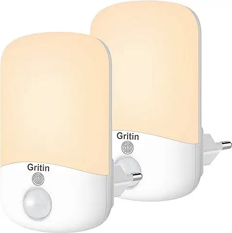 Gritin Luz Nocturna Infantil, [2-Pack] Luz Nocturna con Sensor de Fotocélula de Atardecer a Amanecer y Brillo Ajustable - 2700K Luz Blanca Cálida para Habitación Bebé, Pasillos, Dormitorio, Sala etc.  