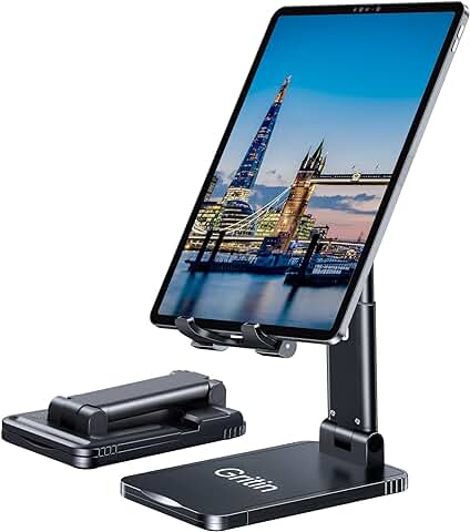 Gritin Soporte Tablet, Ajustable Soporte Móvil - Plegable Soporte de Escritorio/Soporte para Teléfono Súper Estable Compatible con Nuevo iPad 12.9, 11, Air Mini 2 3 4 y Todas Las Tabletas de 4-12.9"  